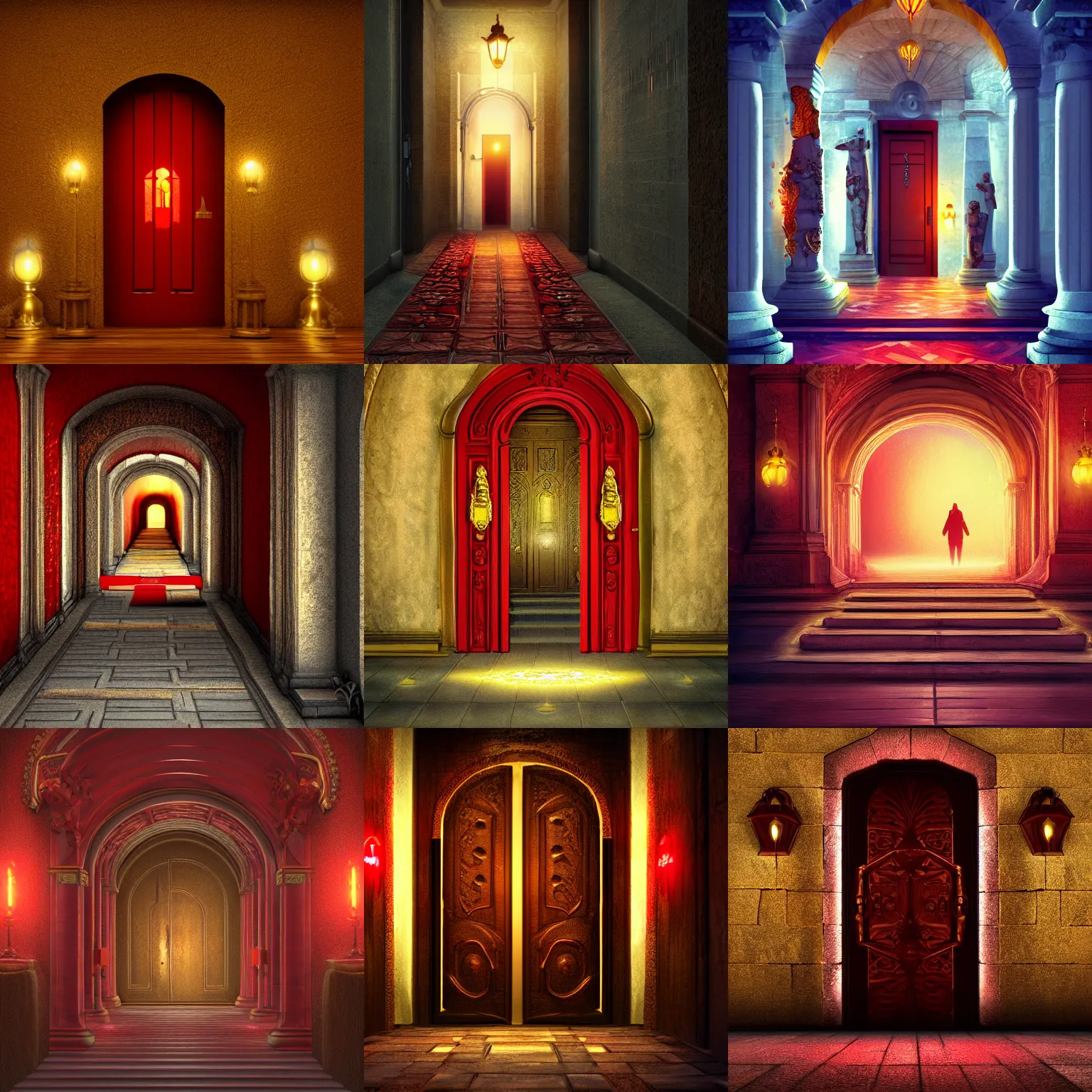 Prompt: path, door, statues, gold, red lighting, fantasy, digital art, HD, detailed, 4k