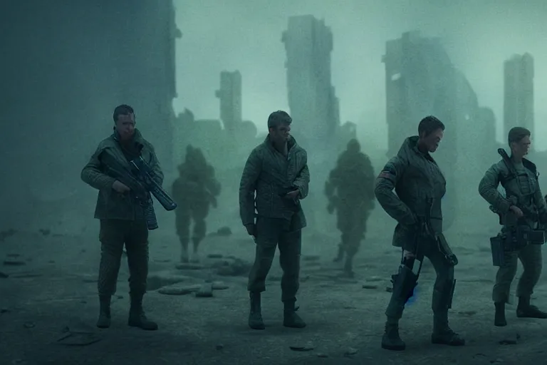 Image similar to vfx film closeup, blade runner 2 0 4 9 futuristic soldiers shoot at enemy robots futuristic war, battlefield, war zone, shootout, dilapidated city ruins, running, shooting, explosion, battlefront, leaping, flat color profile low - key lighting award winning photography arri alexa cinematography, big crowd, hyper real photorealistic cinematic beautiful, atmospheric cool colorgrade