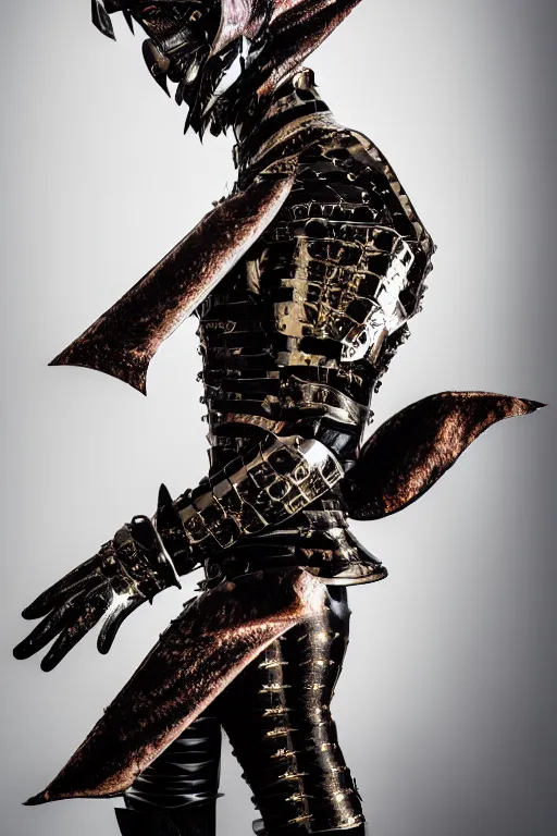 Image similar to very ashamed summoned demonic model, who was made posing in louis vuitton armor, luxury materials, symmetrical, cinematic, elegant, professional studio light, real dlsr photography, sharp focus, 4 k, ultra hd, sense of awe, high fashion