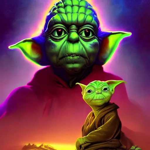 Image similar to portrait of yoda as a lizard wizard, overwhelming energy, detailed background by m. w. kaluta + bruce pennington, dark side, neon color, volumetric lighting, colorful vapor, deep dark color, floating molecules, digital painting, oil painting, artwork by ralph mcquarrie + cory loftis + andreas rocha + paul lehr + ian mcque + eddie mendoza