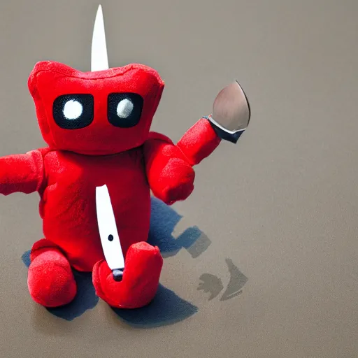 Image similar to a plush robot toy holding a bloody knife. Product photo.