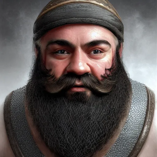 Image similar to ultra realistic portrait of a small dwarf with an large beard, muscular build, tough, highly detailed trending on artstation, photo, medieval, fantasy