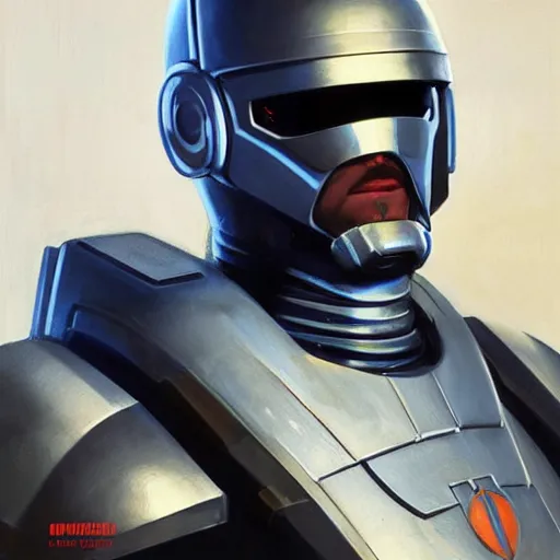 Image similar to greg manchess portrait painting of alex murphy the robocop as overwatch character, 8 0 ies aesthetic, medium shot, asymmetrical, profile picture, organic painting, sunny day, matte painting, bold shapes, hard edges, street art, trending on artstation, by huang guangjian and gil elvgren and sachin teng