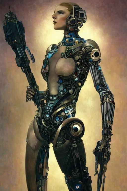 Image similar to organic cyborg holding a weapon, art deco, soft lighting, sci fi fantasy, intricate, elegant, highly detailed, lifelike, photorealistic, 2d matte illustration, artstation, illustration, concept art, smooth, sharp focus, art by John Collier and Albert Aublet and Krenz Cushart and Artem Demura and Alphonse Mucha