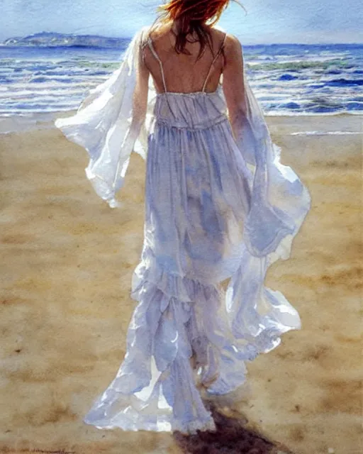 Image similar to a photorealistic watercolor of a woman with translucent white dress walking by the beach, by Steve Hanks, highly detailed and realistic, intricate HD, emotional realism