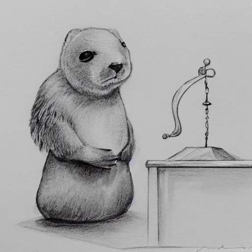 Image similar to a baby harp seal being sentenced to death by a judge, courtroom sketch