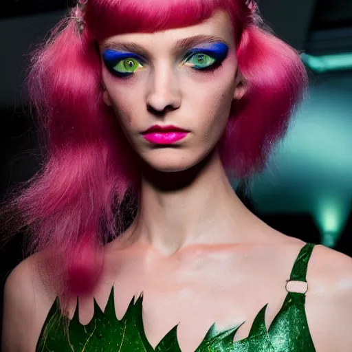 Image similar to A beautiful portrait of Daria Strokous as Poison Ivy from Batman and a model at Maybelline fashion show as a model Spring/Summer 2018, highly detailed, in the style of cinematic, Milan fashion week backstage, Extreme close up, Makeup by Pat McGrath, Hair by Guido Palau, Greg rutkowski