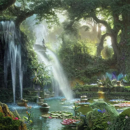 Prompt: a beautiful and highly detailed matte painting of a magical fountain in a fantasy garden in a lush forest deep in the mystical mountains, intricate details, epic scale, insanely complex, 8 k, sharp focus, hyperrealism, very realistic, by caspar friedrich, albert bierstadt, james gurney, brian froud,