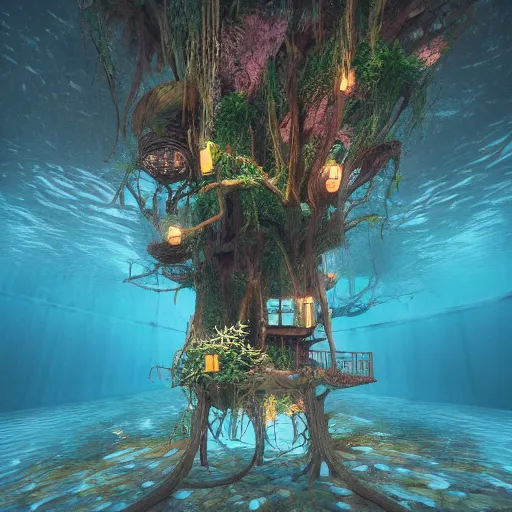 Image similar to underwater tree house, full - body : : symmetrical, eerie, insanely detailed, hypermaximalist, elegant, hyper realistic, super detailed, pastel colors, cinematic, unreal engine, 8 k,