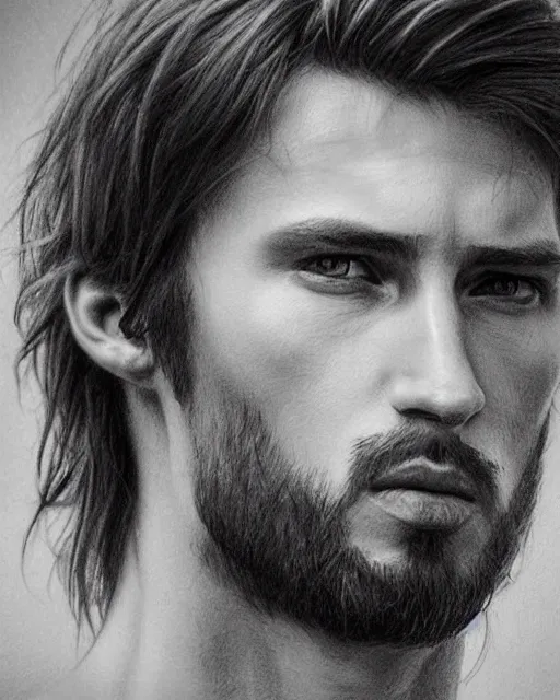 Image similar to pencil drawing of beautiful russian man, hyper realistic face, in the style of greg rutkowski, fantasy, amazing detail, epic, elegant, smooth, sharp focus, from the front