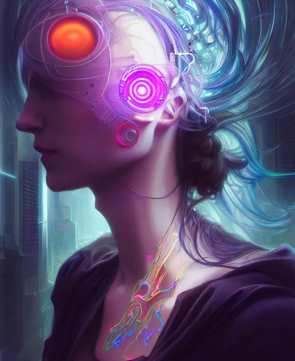 Image similar to a whirlwind of souls rushing inside the metaverse, hologram, half body, neurochip, shaved temple, piercing, jewelry, android, cyborg, cyberpunk face, by loish, d & d, fantasy, intricate, elegant, highly detailed, colorful, digital painting, artstation, concept art, art by artgerm and greg rutkowski and alphonse mucha