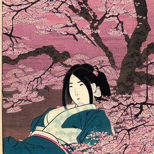 Prompt: japanese edo period woodblock print of a girl laying underneath pink blossoming cherry trees in the background, art by greg rutkowski and yoji shinkawa and akira toriyama