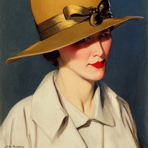 Prompt: frontal portrait of a woman with a hat that covers her eyes, by j. c. leyendecker