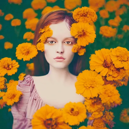 Prompt: realistic expired kodak film full body portrait of an angel woman wearing flowers,, marigold celestial vibe, hyperrealism, hypermaxiymalism, photorealistic, detailed, atmospheric, 8 k, award winning photography, cinematic