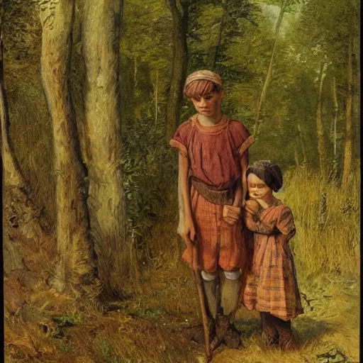 Image similar to a young, poor peasant brother and sister in the forest, wearing peasant clothing, by james gurney and ivan shiskin