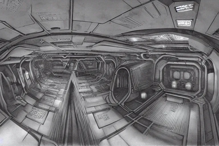 Image similar to interior of a space ship by giger with cryogenic pods, volumetric lighting, atmospheric