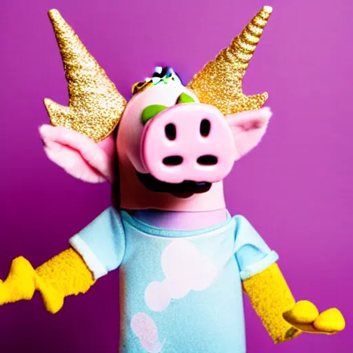 Prompt: studio photograph of a happy pig flying with wings with a unicorn horn depicted as a muppet wearing a gold crown eating pork rind snacks