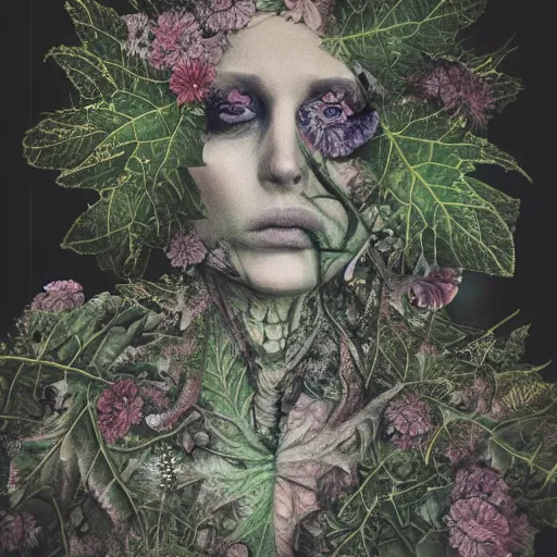 Image similar to a beautiful detailed front view portrait of a rotten woman corpse with fractal plants and fractal flowers growing around, volumetric light, beautiful lit, polaroid photography