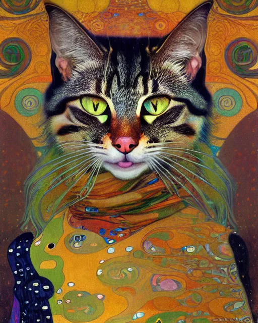 Prompt: wild forest cat portrait an oil painting splashes with many colors and shapes by gustav klimt greg rutkowski and alphonse mucha, polycount, generative art, psychedelic, fractalism, glitch art