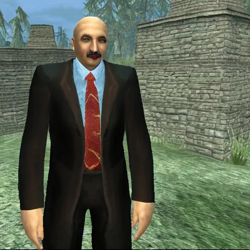 Image similar to Alexander Lukashenko wearing a suit and tie in Balmora in Elder Scrolls III: Morrowind, outdated 2002 Morrowind graphics, low definition, lowpoly