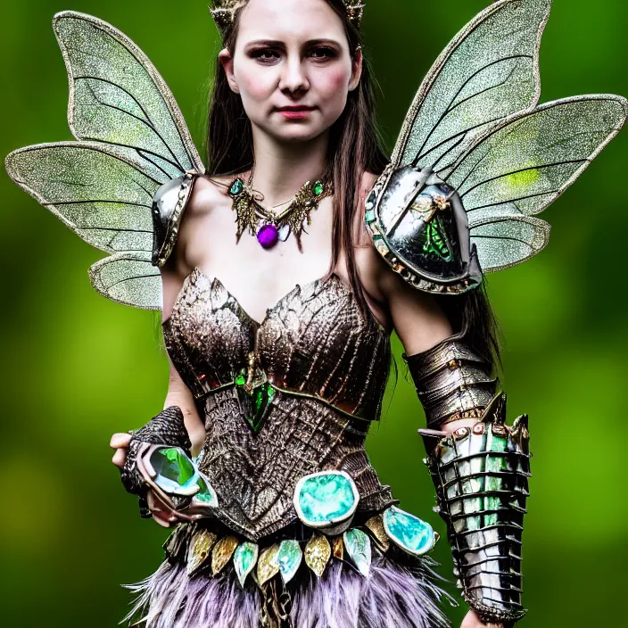 Prompt: full body photo of a very beautiful!! fairy queen with bejewelled armour, highly detailed, 4 k, hdr, smooth, sharp focus, high resolution, award - winning photo