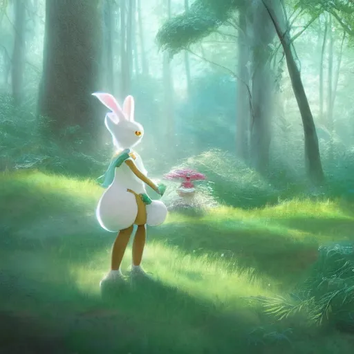 Image similar to concept art painting of an anthropomorphic white rabbit wearing a turquoise dress, in the deep forest, realistic, detailed, cel shaded, in the style of makoto shinkai and greg rutkowski and james gurney