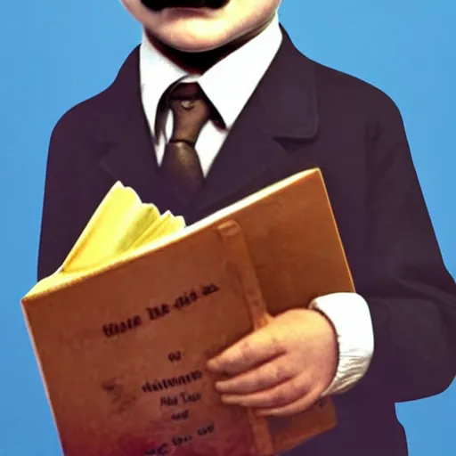 Prompt: adolf hitler as a little child in a school uniform carrying books, hitler mustache, white background, full color digital art, cartoon