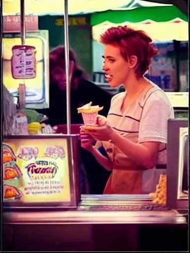 Prompt: “ scarlett johansson is buying ice - cream at the ice - cream booth in the street, movie screenshot, cinematic, epic, dramatic ”