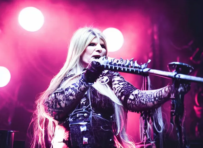 Prompt: publicity photo still of martha stewart in dimmu borgir playing live on stage, 8 k, live concert lighting, mid shot