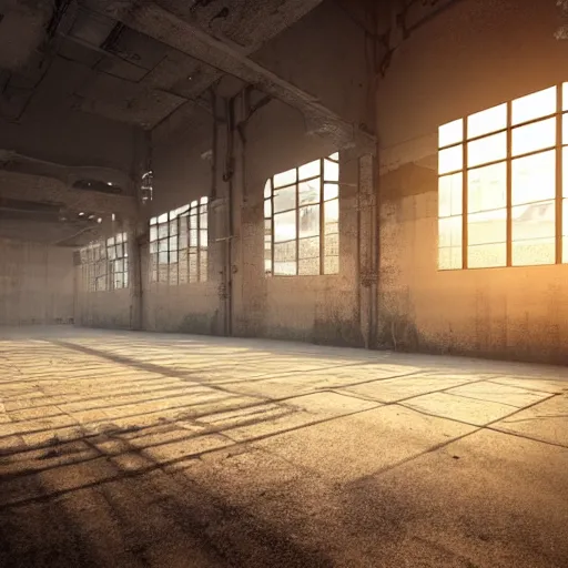 Image similar to abandoned industrial factory interior, sunlight filtering, visible dust, digital art, trending on artstation