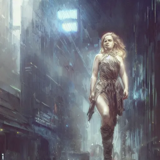 Image similar to emilia clarke, hyperrealistic full figure, bladerunner street alley, art of elysium by frank frazetta and by jeremy mann and by alphonse mucha, fantasy art, photo realistic, dynamic lighting, artstation, full figure poster, volumetric lighting, very detailed face, 4 k, award winning