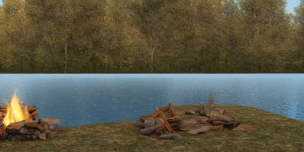 Prompt: a beautiful!!!!!!!! solitary campfire with a beautiful!!! lake in the background, no people, lonely landscape, 3d render, trending on artstation, extremely high detail!!, highly detailed