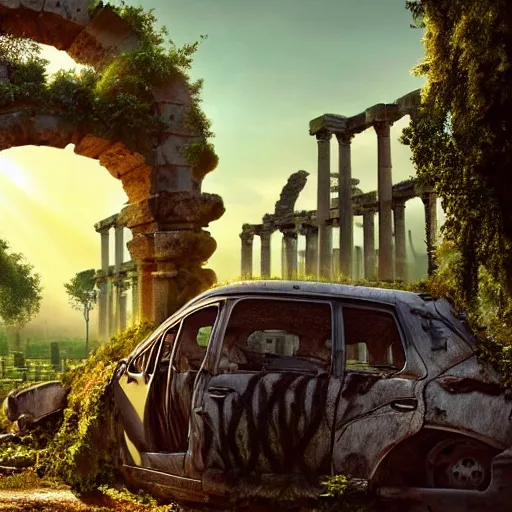 Image similar to a tree growing on a scrap car in ancient greek ruins, gray wasteland, many scrap cars, overgrown, pillars and arches, colorful flowers, vines, hyperrealistic, highly detailed, cinematic, ray of golden sunlight, beautiful, cgsociety, artstation, 8 k, pixar style by tristan eaton, artgerm, tom bagshaw