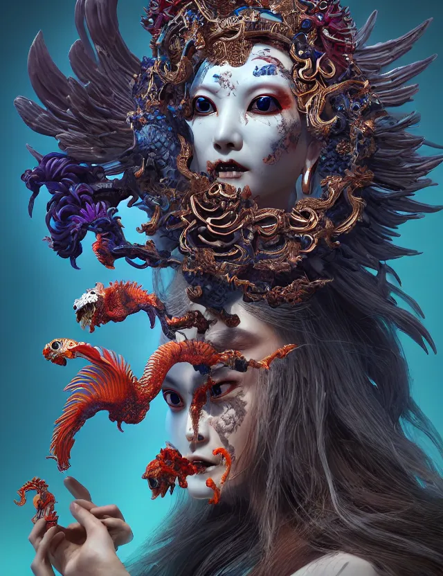 Image similar to 3 d goddess of hell close - up profile portrait with ram skull. beautiful intricately detailed japanese crow kitsune mask and clasical japanese kimono. betta fish, jellyfish phoenix, bio luminescent, plasma, ice, water, wind, creature, artwork by tooth wu and wlop and beeple and greg rutkowski