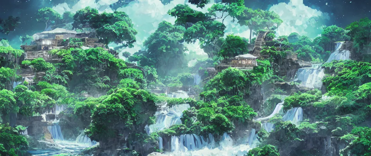 Image similar to a small crumbling island with waterfalls flowing off the island, floating in space, studio ghibli, digital art, detailed, depth of field