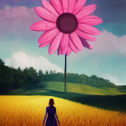 Prompt: giant pink daisy flower as a head, girl walking in wheat field, hills, surreal photography, dark night, star trails, dramatic light, impressionist painting, clouds, digital painting, artstation, simon stalenhag