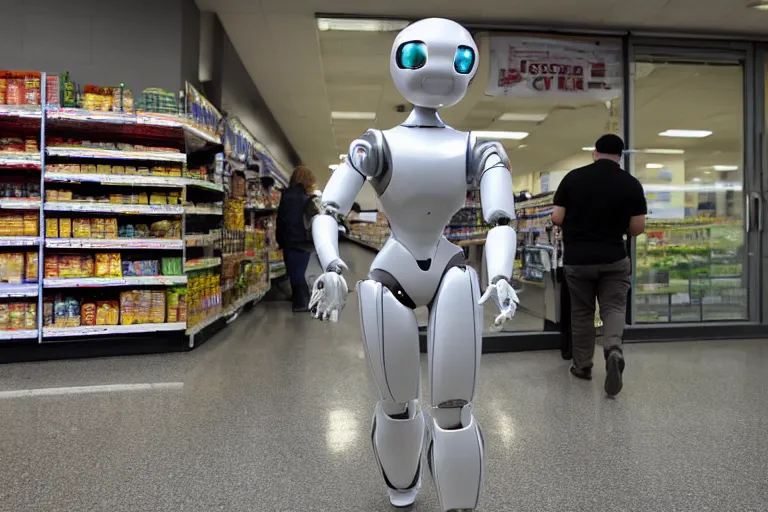 Image similar to photojournalism of sleek humanoid robot walking out of grocery store carrying grocery bags