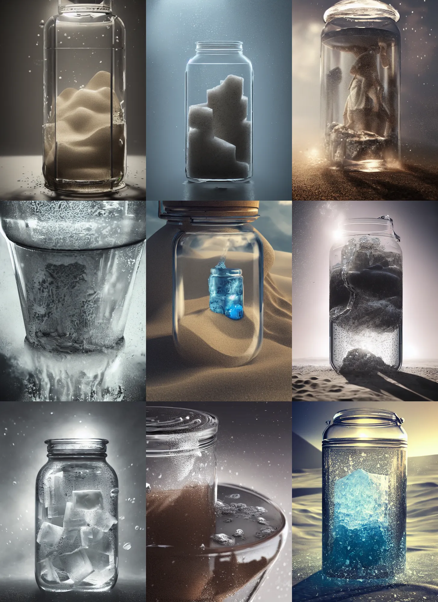 Prompt: icecubes inside a glass jar buried in sand, intricate detail, volumetric lighting, epic composition, hyper detailed, ultra realistic, sharp focus, octane render, volumetric, ray tracing, artstation trending, cgsociety, sense of awe, swirling mist, 4 k