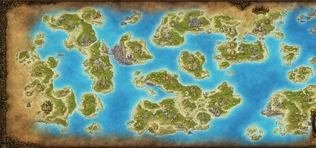 Image similar to fantasy world atlas in the style of a world of warcraft world map, 7 0 % ocean, extremely detailed, fantasy, no text, 4 k