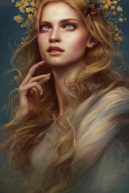 Image similar to an insanely detailed portrait of a beautiful woman facing you in the park, highly detailed features, sparkling blue eyes, long eyelashes, long golden blonde hair, beautiful smile, in the style of peter mohrbacher, artgerm, dramatic lighting and composition, octane render, trending on artstation, concept art 8 k