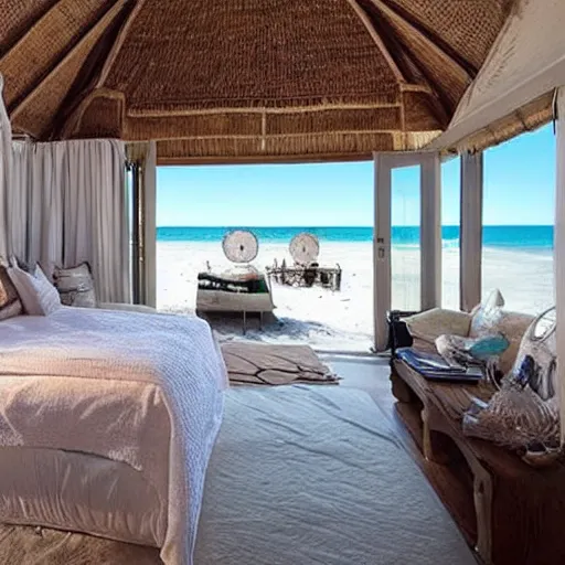 Image similar to a beautiful bedroom, beach aesthetic