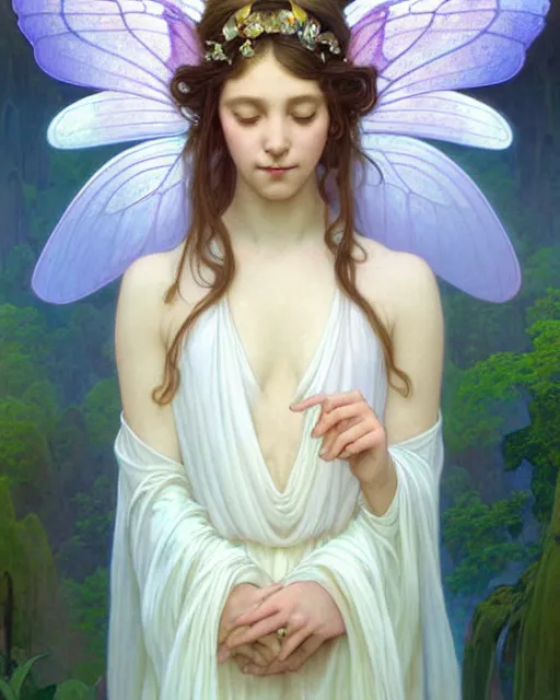 Prompt: portrait of a ethereal magical transcendental young butterfly fairy princess wearing a white robe, d & d, fantasy, intricate, elegant, highly detailed, digital painting, artstation, concept art, smooth, sharp focus, illustration, art by artgerm and greg rutkowski, maxfield parrish and alphonse mucha, new art nouveau, tarot card