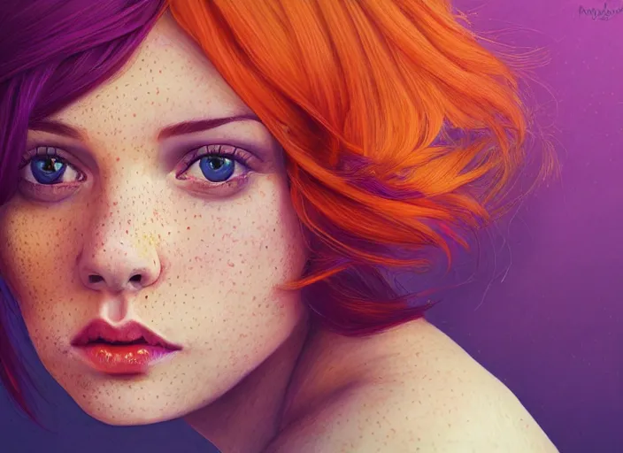 Image similar to portrait Girl with orange hair and freckles, purple background, cute-fine-face, pretty face, realistic shaded Perfect face, fine details. realistic shaded lighting by Anna Dittmann,