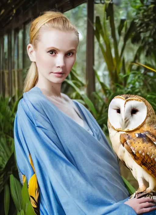 Image similar to portrait photograph of beautiful young female model, symmetric face, symmetric eyes, slight smile, natural light, wearing a yellow kimono with a very detailed barn owl on her shoulder!!! in a tropical greenhouse. looking at the camera!!. super resolution. Extremely detailed. Graflex camera, bokeh.