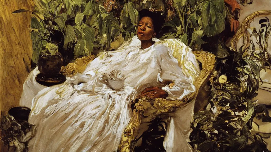 Prompt: high quality high detail painting by lucian freud, jenny savile, ilya repin and john singer sargent, black woman in a white room with many plants, intricate costume design, orientalist, partially gold, ornate, elite, luxury, hd