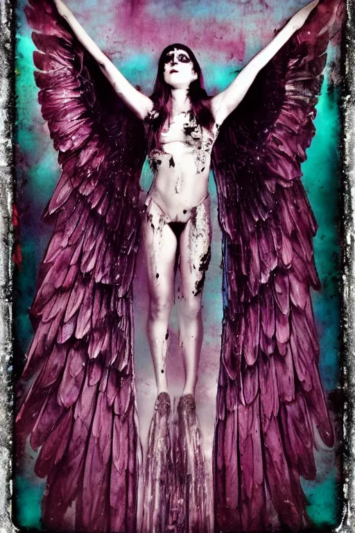 Image similar to crystal wings, waporwave polaroid, a greg rutkowsi photograph, devianart, metal acid deep colors, fallen angel of death, love broken