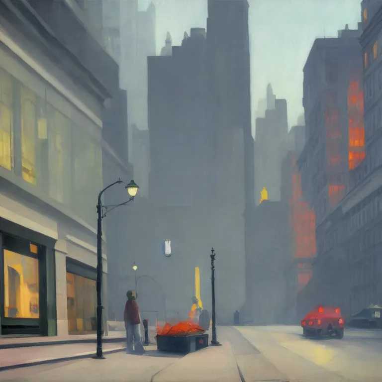 Image similar to city fog, early morning, streets with trash, painted by Edward Hopper, painted by Wayne Barlow, airbrush