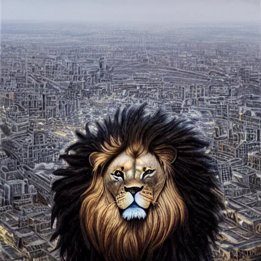 Image similar to a giant lion head looking at a city from above,low-angle shot,photorealiatic,hyperdetailed,hyperrealistic,studio lighting,studio photography,professional photography,professional lighting,detailed face,3 point lighting,4k,digital art,ultra realistic,ultra detailed,art by greg rutkowski,dramatic