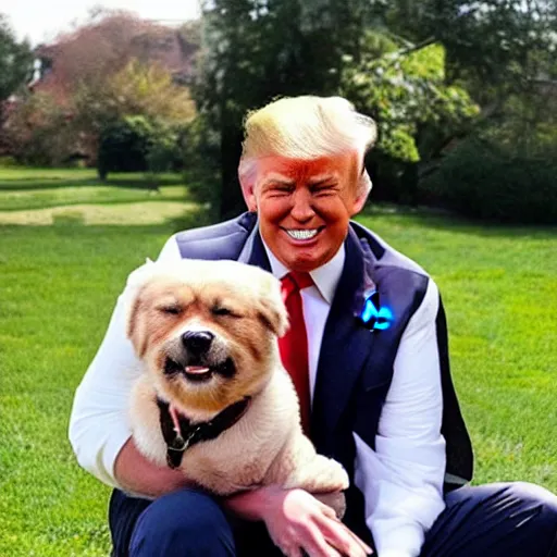 Image similar to donald trump smiling with a dog on his lap