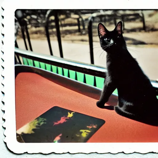 Prompt: black cat in a rollercoaster. the cat looks happy. sunny landscape. polaroid photo. tri color.